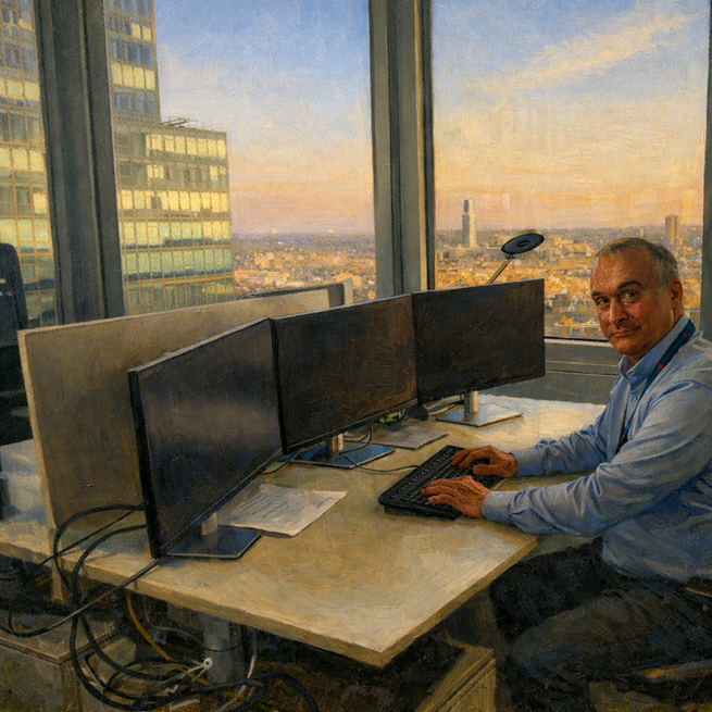 Thilo Stratemann, im Hintergrund die Skyline von Frankfurt